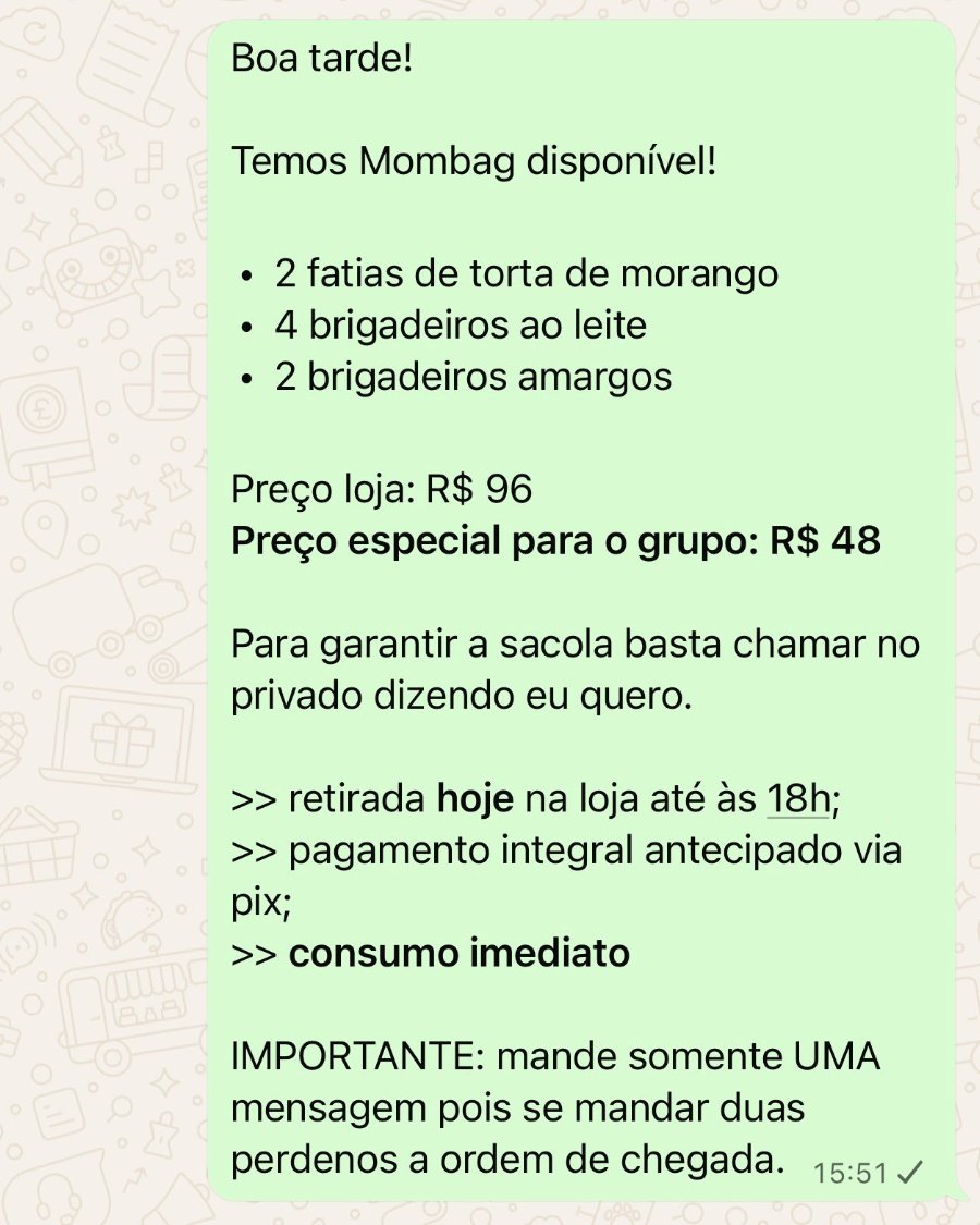 Print da mensagem de divulgação da mombag no grupo do WhatsApp