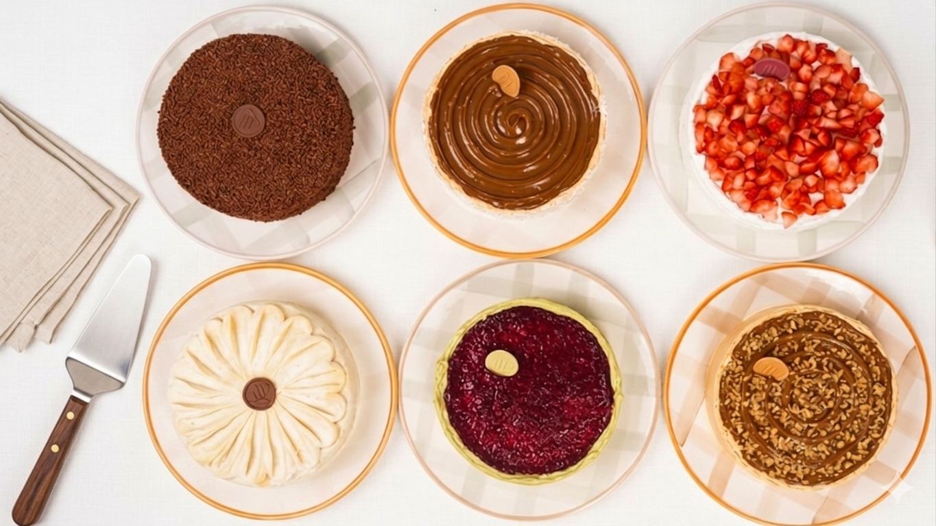 Variedade de bolos e tortas da Mombee vistos de cima