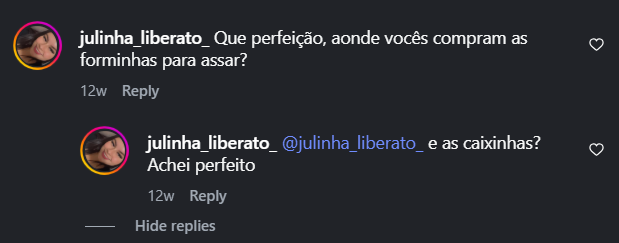 Comentário perguntando sobre forminhas e caixinhas